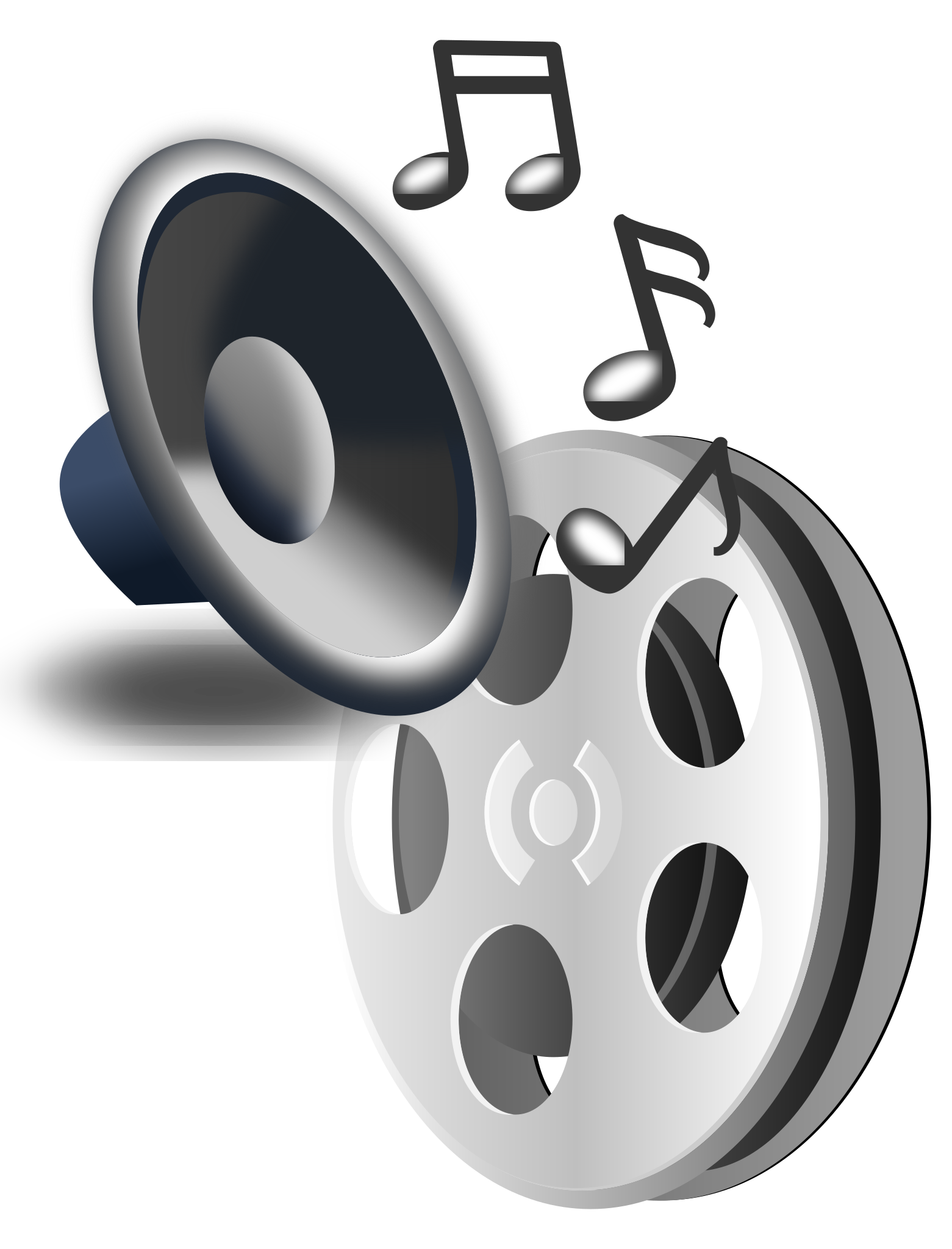 Imagem de uma coluna de som, notas musicais e uma fita de video